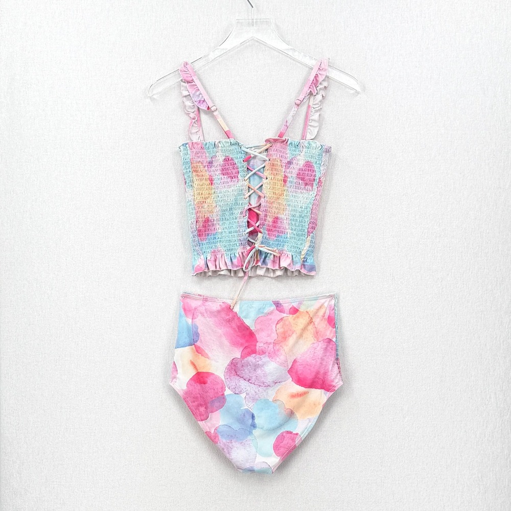 RAD SWIM Betsy Smocked Bikini Medium Pink Blue Watercolor High Waist Swimsuit - Picture 5 of 16